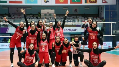 شادی بازیکنان تیم ملی والیبال زنان ایران پس از پیروزی مقابل قزاقستان